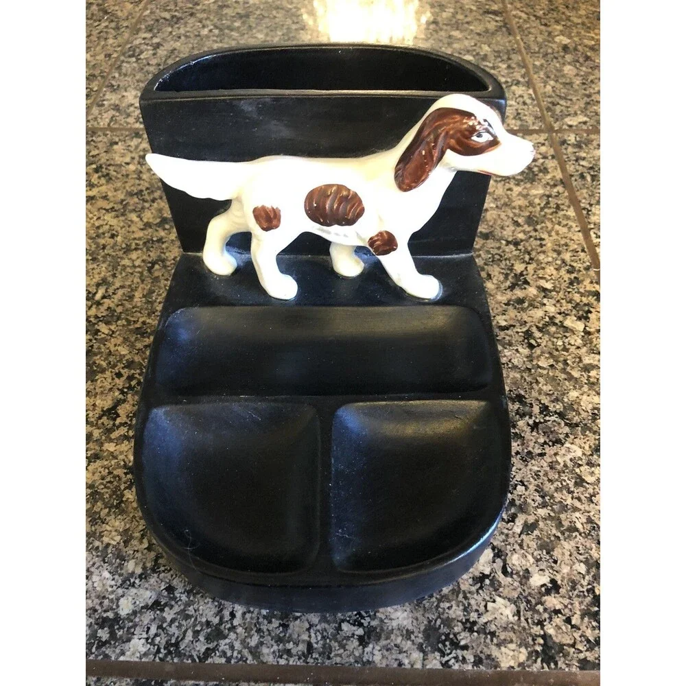 Vintage Ceramic Cocker Spaniel Hunter's Men’s Dresser Caddy Cuff Links Tie Bars